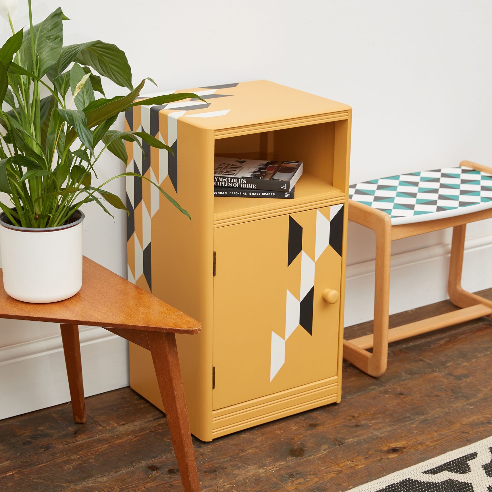 Mustard Yellow Wooden Bedside Table With Hand Painted Geometric Design In Black And White photo 95.0