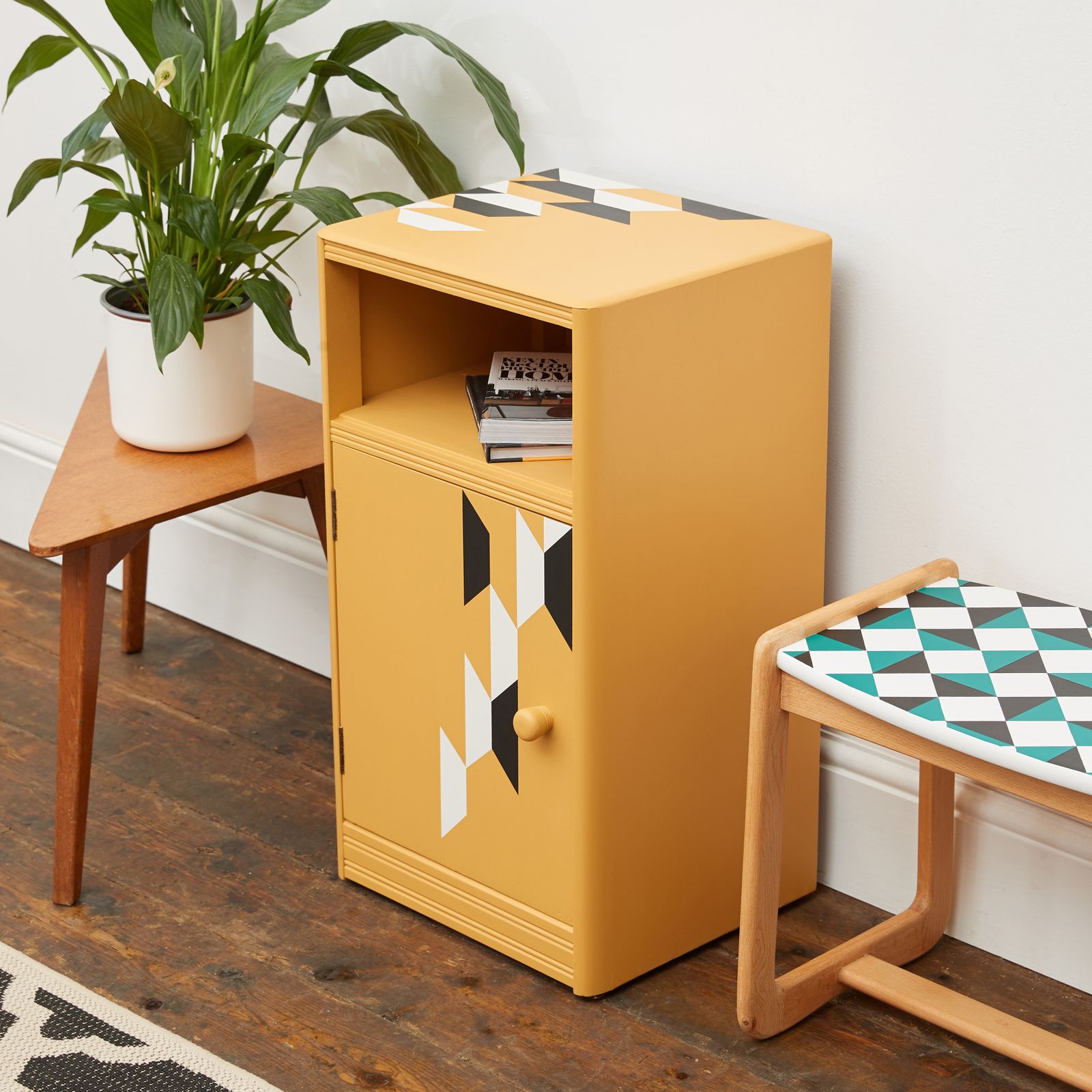 Mustard Yellow Wooden Bedside Table With Hand Painted Geometric Design In Black And White photo buy