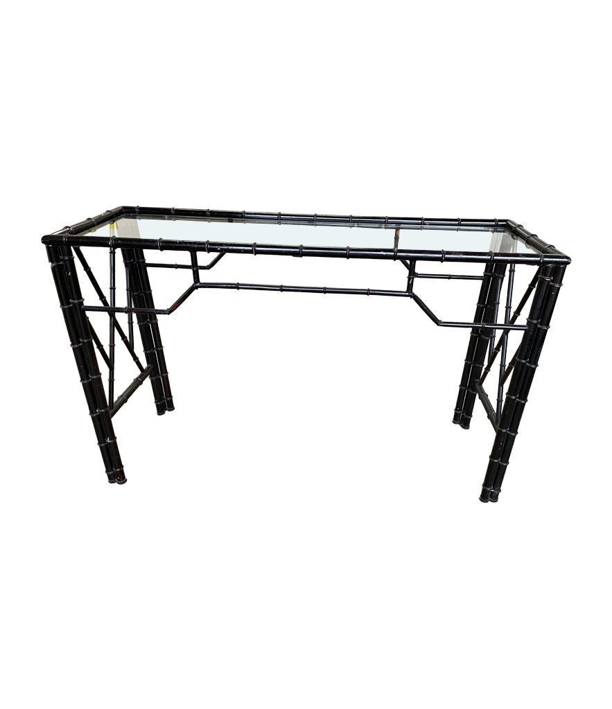 A 1960s Faux Bamboo Black Lacquered Console With Glass photo vinterior