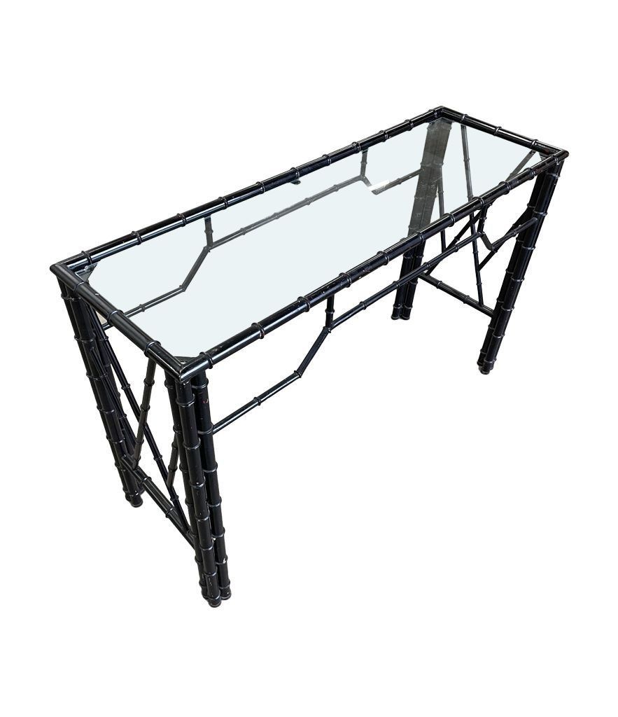 A 1960s Faux Bamboo Black Lacquered Console With Glass photo vintage