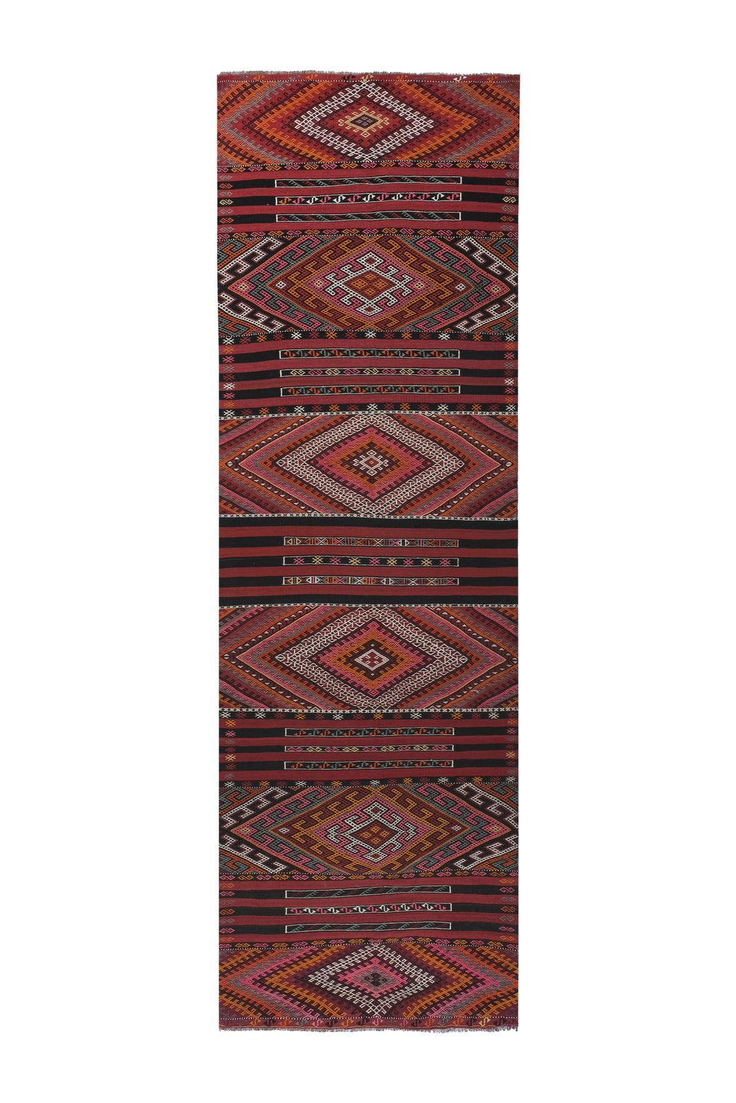 1960s Turkish Tribal Stripe Embroided Kilim Rug 4'8'' X 14'7'' photo furniture