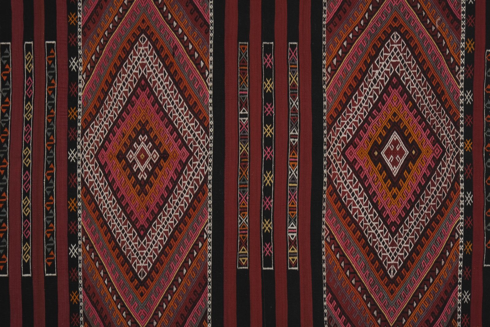 1960s Turkish Tribal Stripe Embroided Kilim Rug 4'8'' X 14'7'' photo for sale