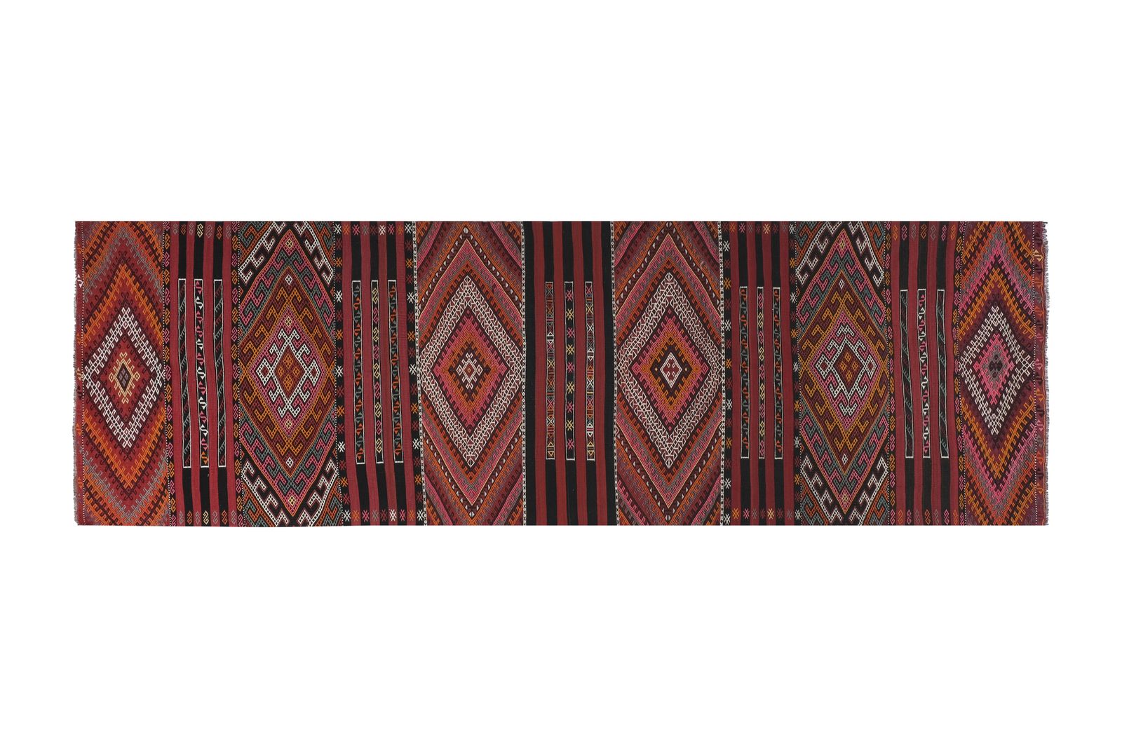 1960s Turkish Tribal Stripe Embroided Kilim Rug 4'8'' X 14'7''