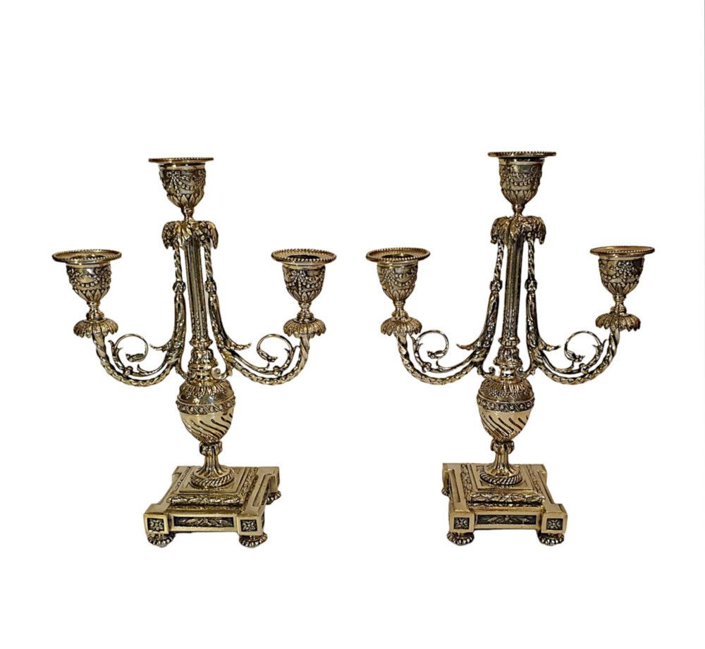 A Gorgeous Quality Pair Of 19th Century Polished Brass Three Branch Candelabra