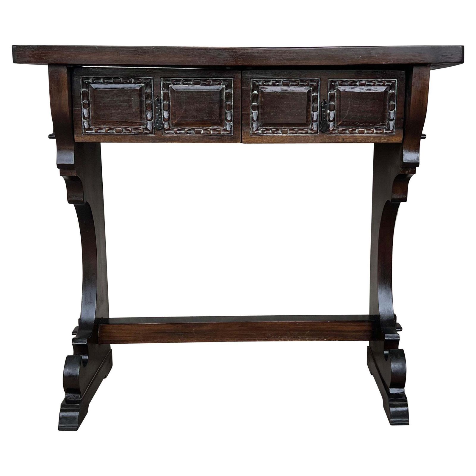 Console étroite de style colonial espagnol à deux tiroirs, ferrures en fer forgé