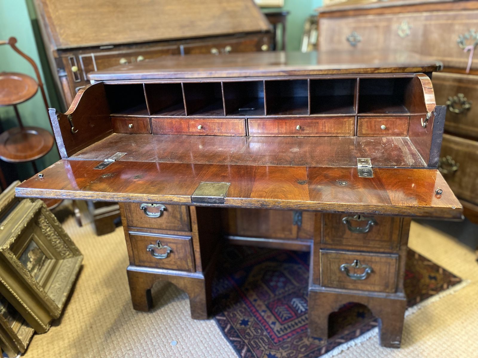 Mid 18th C. Walnut Kneehole Secretaire Desk With Bracket Feet photo vintage