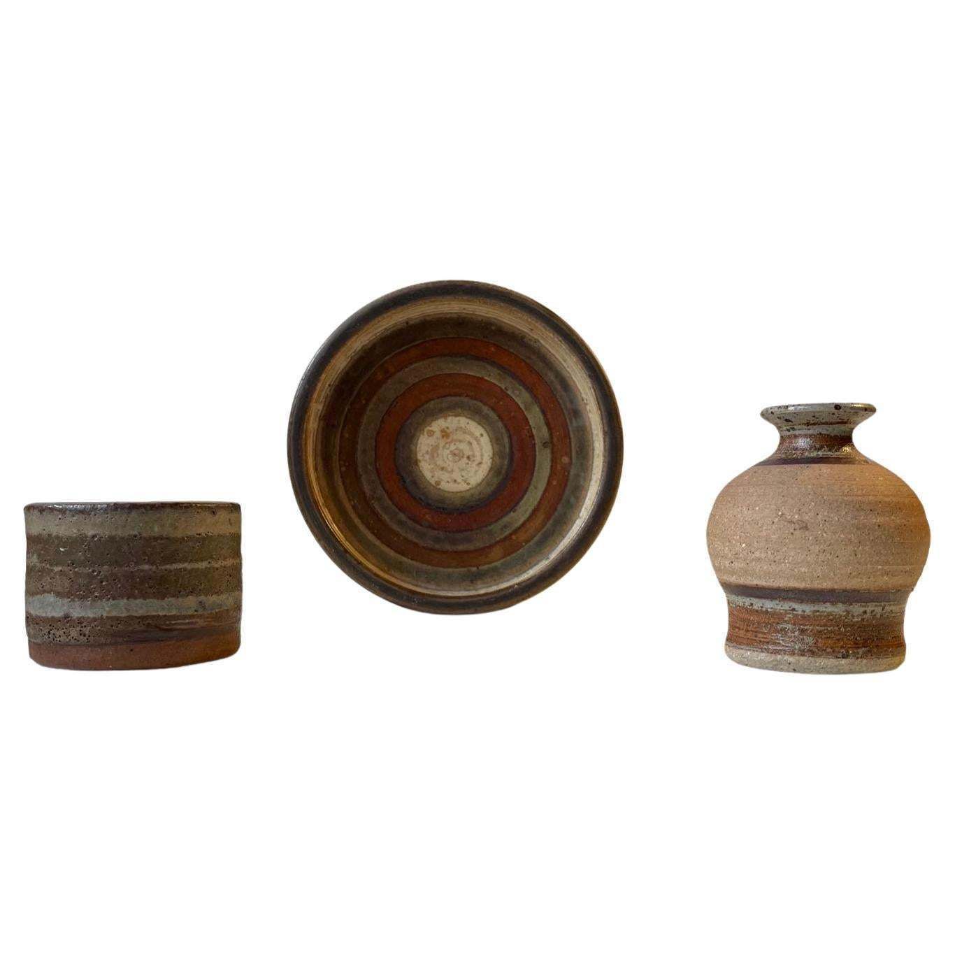 Striped Scandinavian Modern Stoneware Pieces 1970s Group Of 3