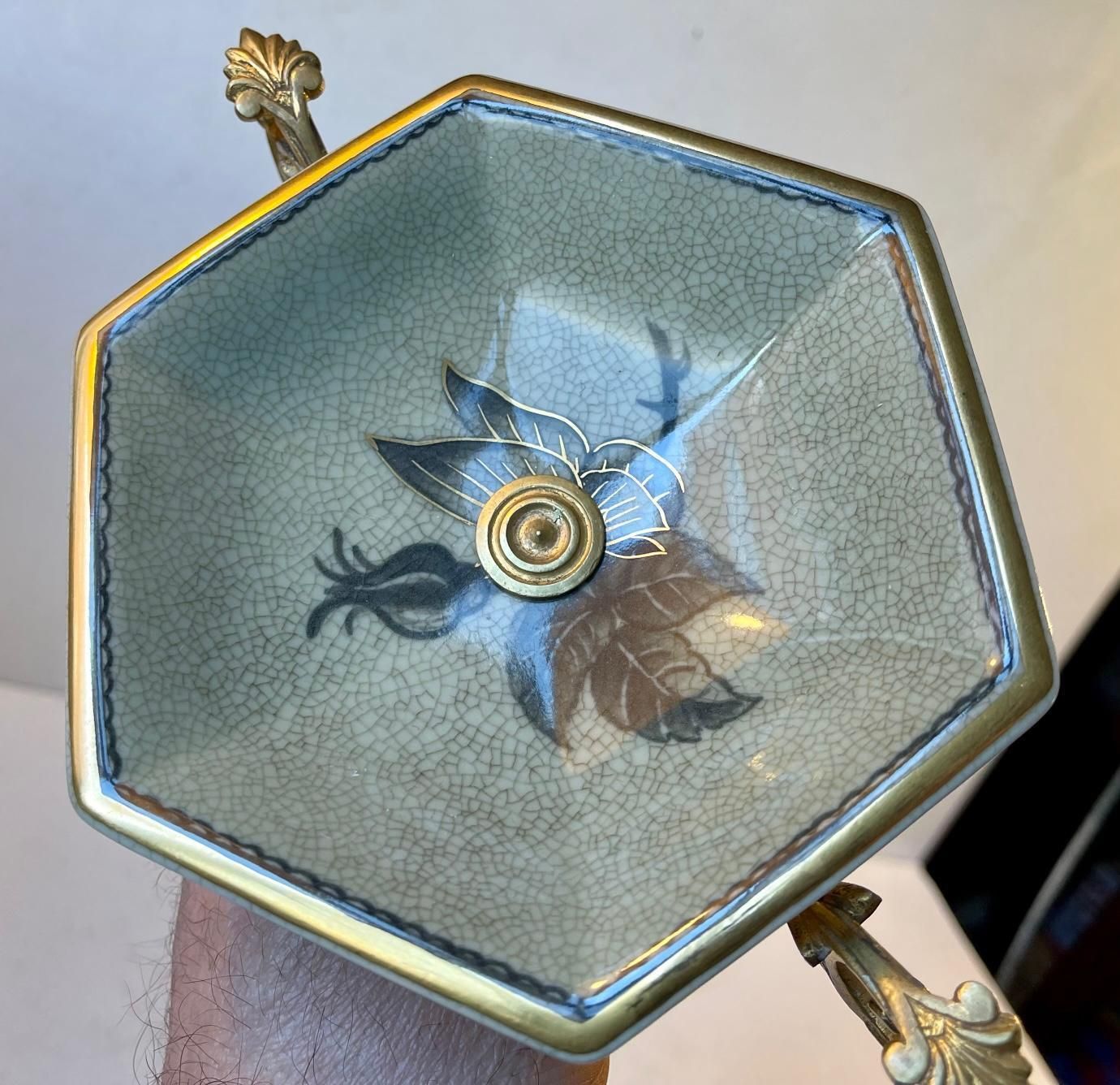 Vintage Faience & Brass Pedestal Chocolate Dish, Bonbonniere By Royal Copenhagen photo 435.0