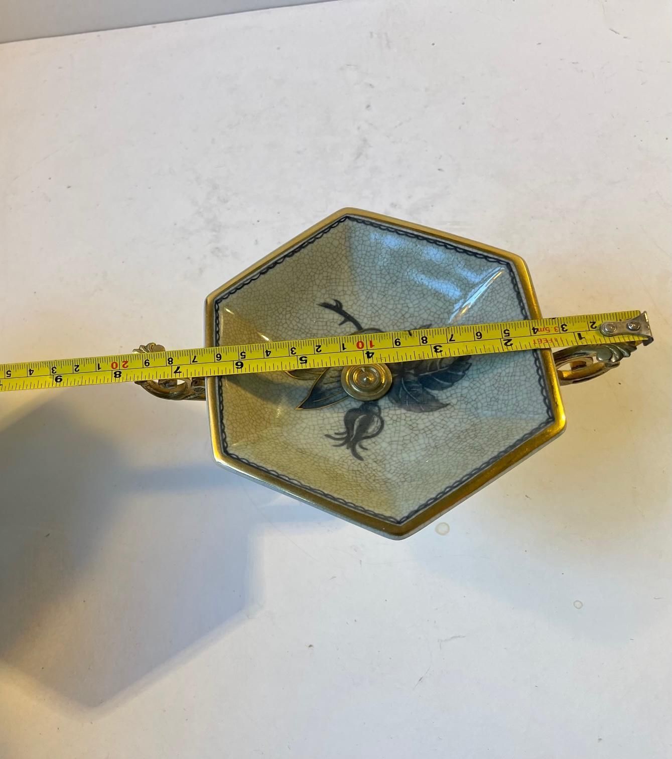 photo for sale Vintage Faience & Brass Pedestal Chocolate Dish, Bonbonniere By Royal Copenhagen