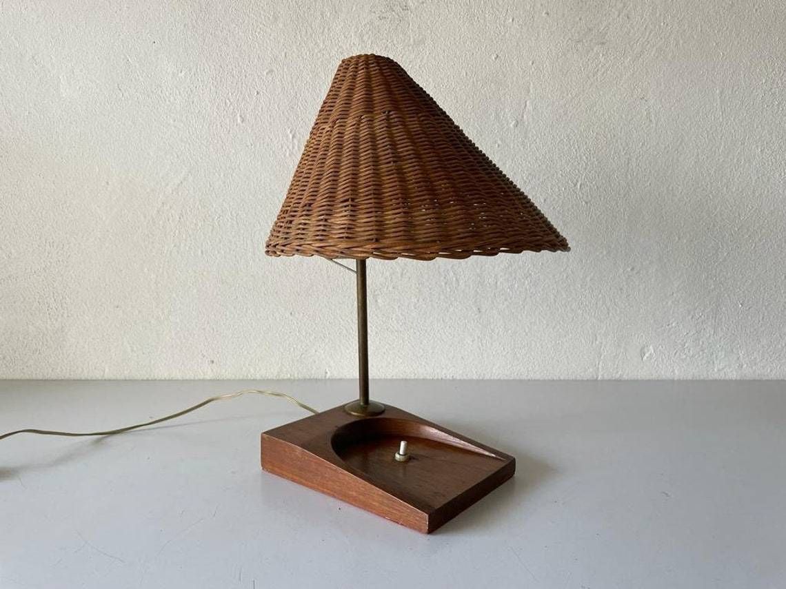 Mid Century Wicker & Wood Desk Lamp, 1950s, Italy