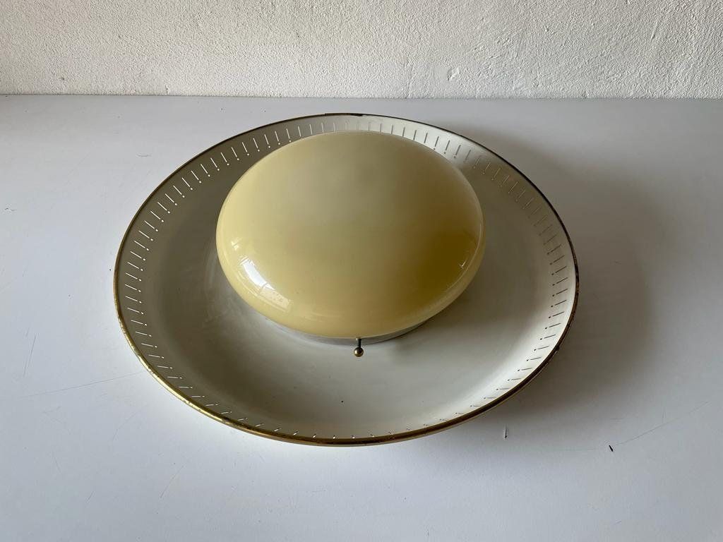 Mid Century Design Brass Disc And Art Deco Glass Flush Mount Light Or Sconce By Hillebrand, 1950s, Germany