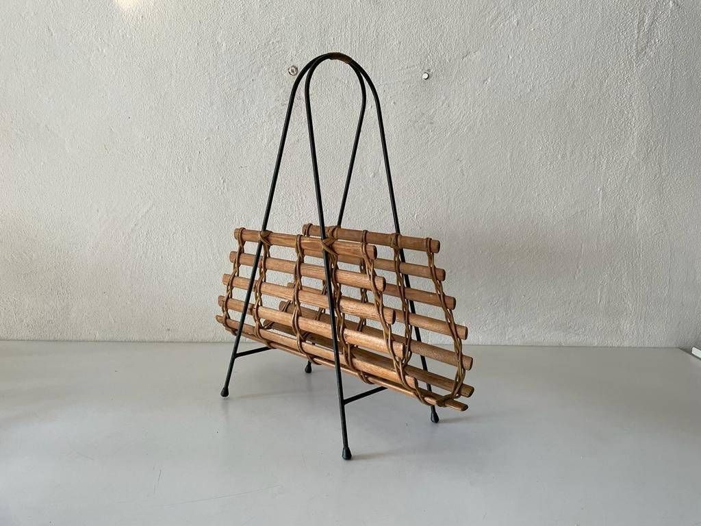 Mid Century Modern Wicker And Wood Magazine Stand, 1960s