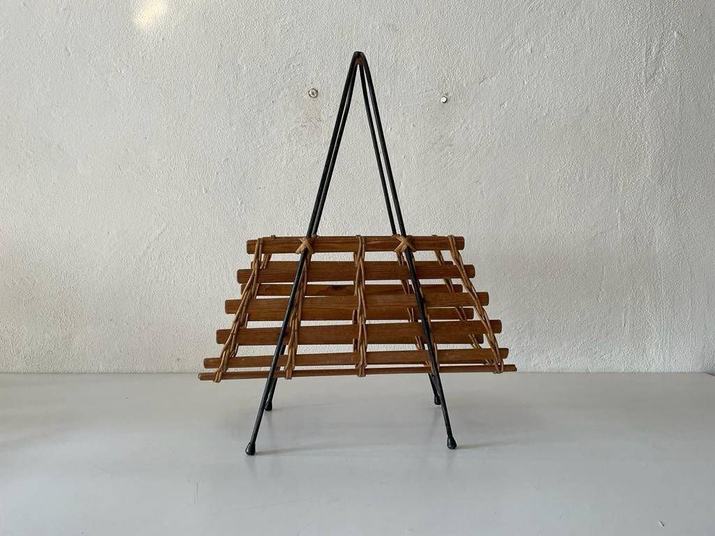 Mid Century Modern Wicker And Wood Magazine Stand, 1960s photo for sale