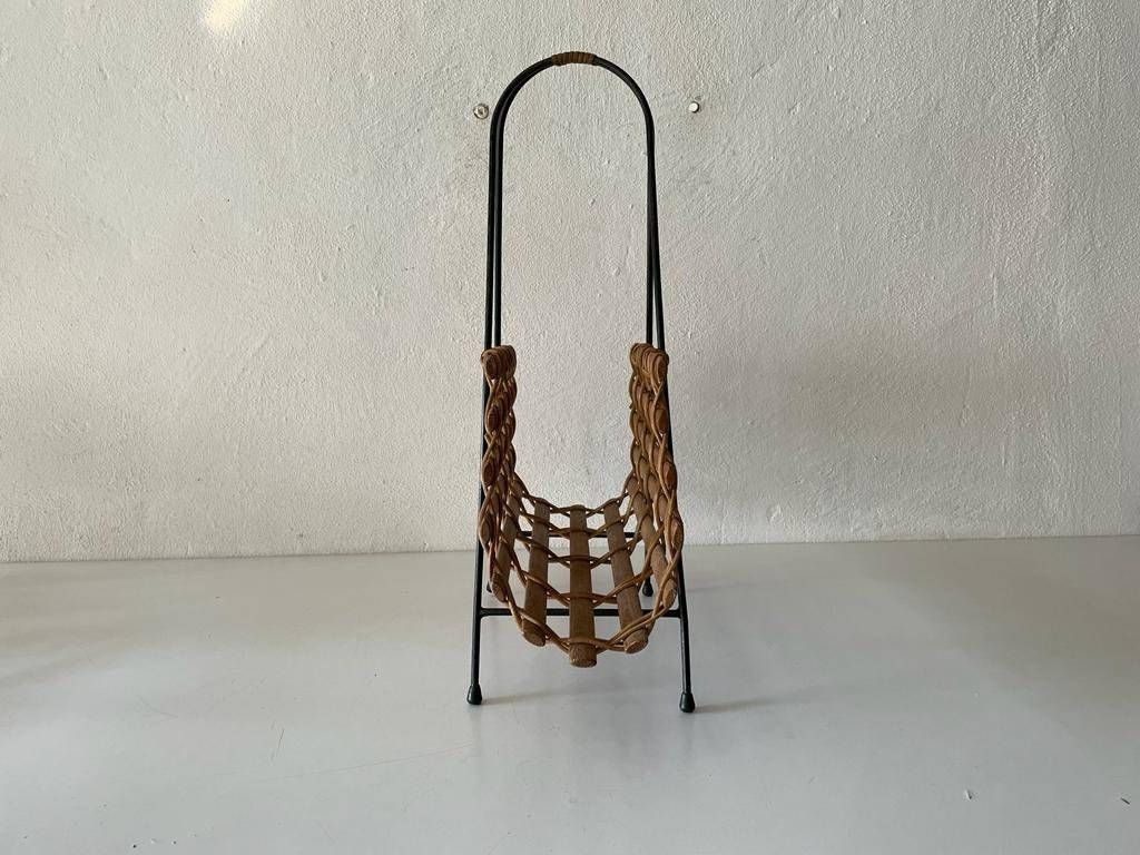 Mid Century Modern Wicker And Wood Magazine Stand, 1960s photo Home Decor
