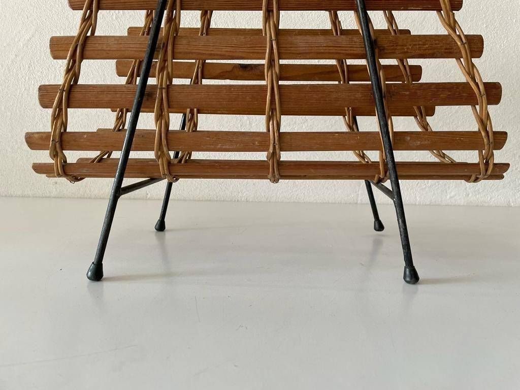 Mid Century Modern Wicker And Wood Magazine Stand, 1960s photo vinterior