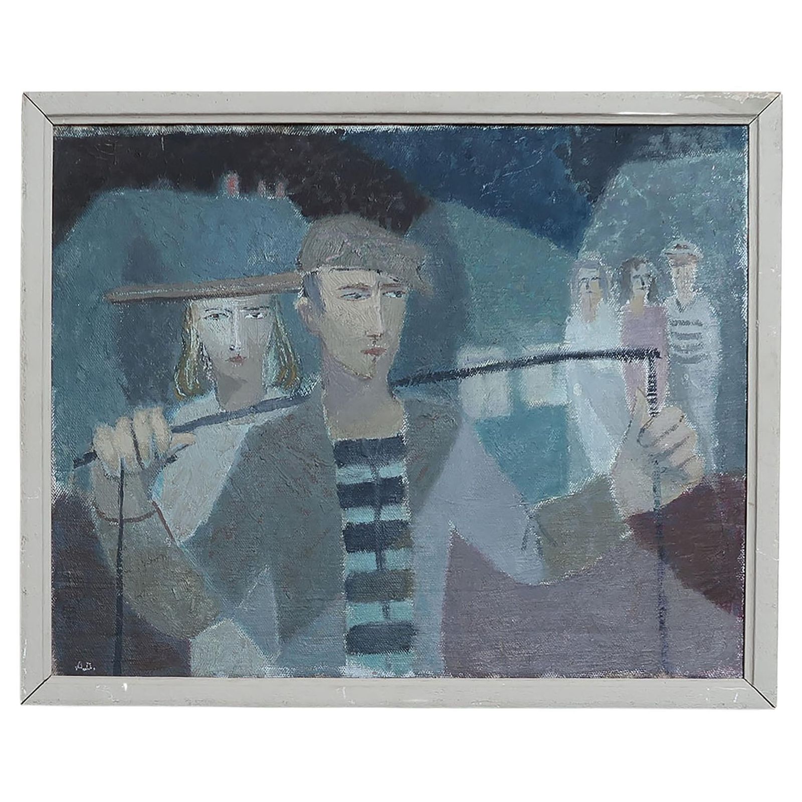 Naive School Painting Of A Fish Hawkers. C.1950