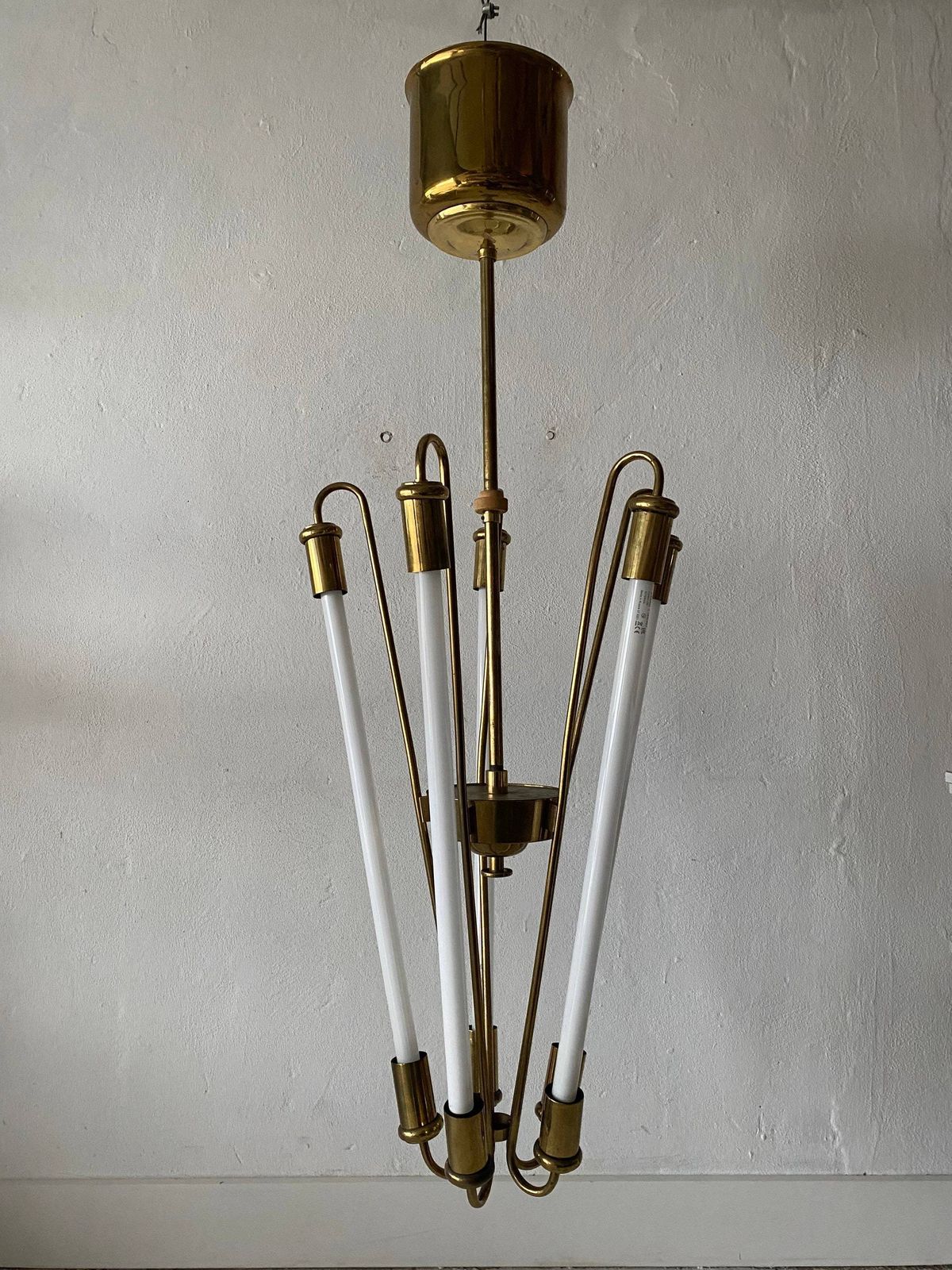 German Brass Art Deco Bauhaus Chandelier By Kaiser & Co. With Five Fluorescent Tubes, 1930s, Germany photo for sale
