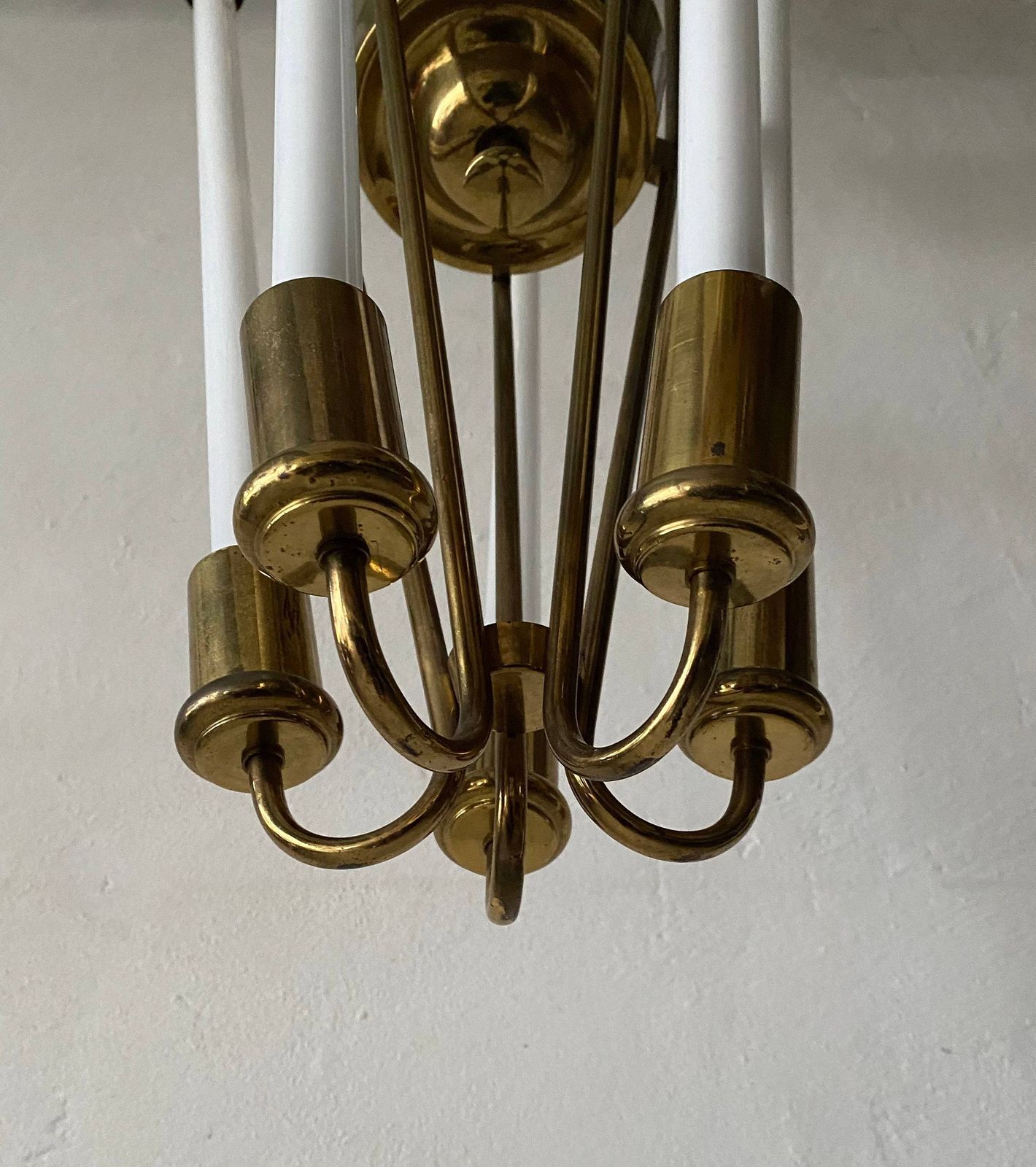 German Brass Art Deco Bauhaus Chandelier By Kaiser & Co. With Five Fluorescent Tubes, 1930s, Germany photo Lighting