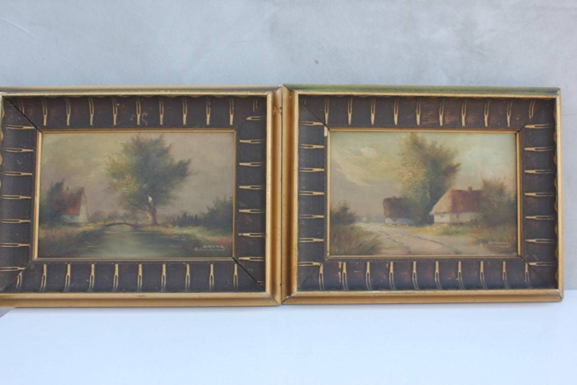 Set Of Two Original Landscape Oil Paintings Signed By Artist In Rich Ornate Frames Wall Hanging photo furniture