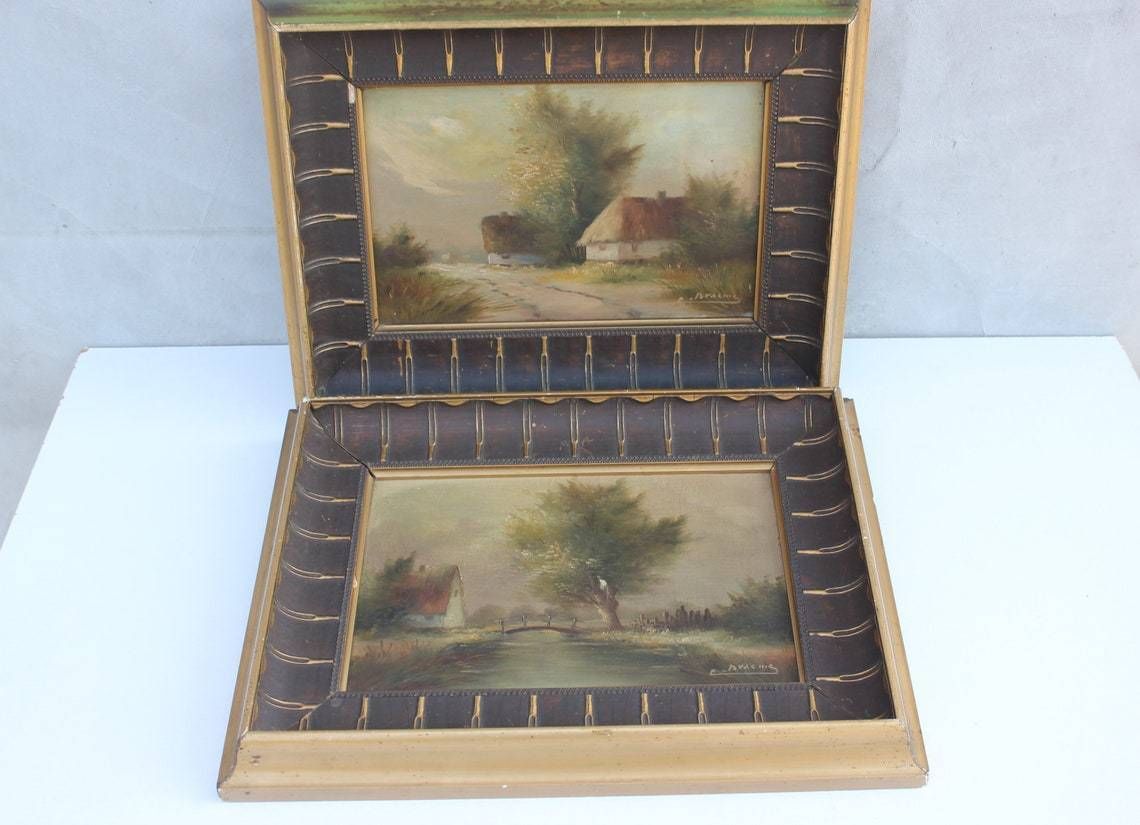 Set Of Two Original Landscape Oil Paintings Signed By Artist In Rich Ornate Frames Wall Hanging photo for sale