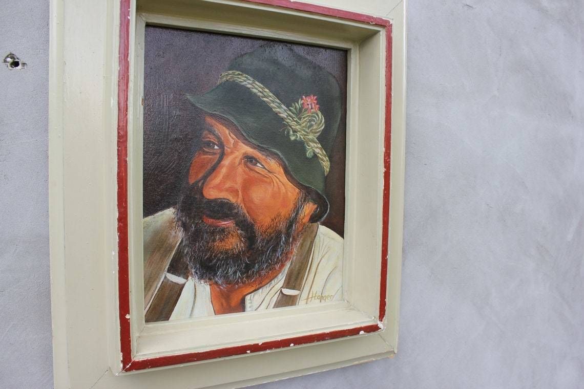 photo for sale Vintage Portrait Of Man Oil Painting Original Art, Canvas Wall Art, Smiling Old Man Painting, Original Frame, Signed