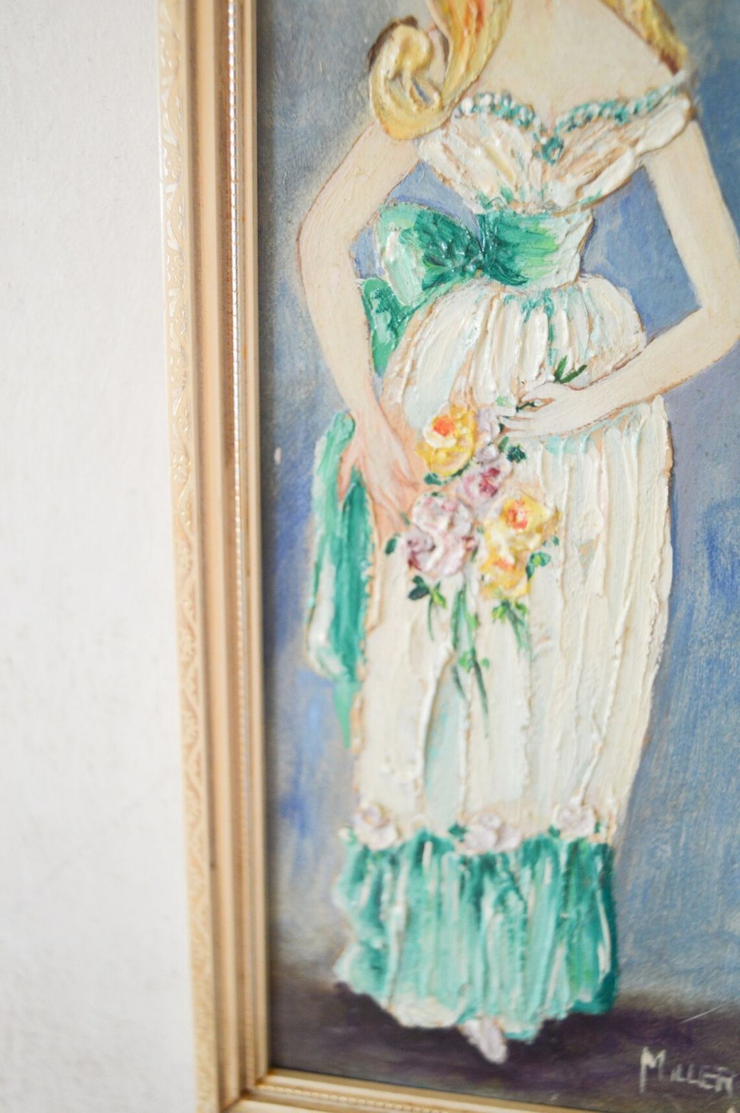 Pair Of Early 19th Century Oil Paintings, Framed Twin Ladies In Pink & Green Evening Dresses Holding Flower Bougets, Signed By Artist Miller photo furniture