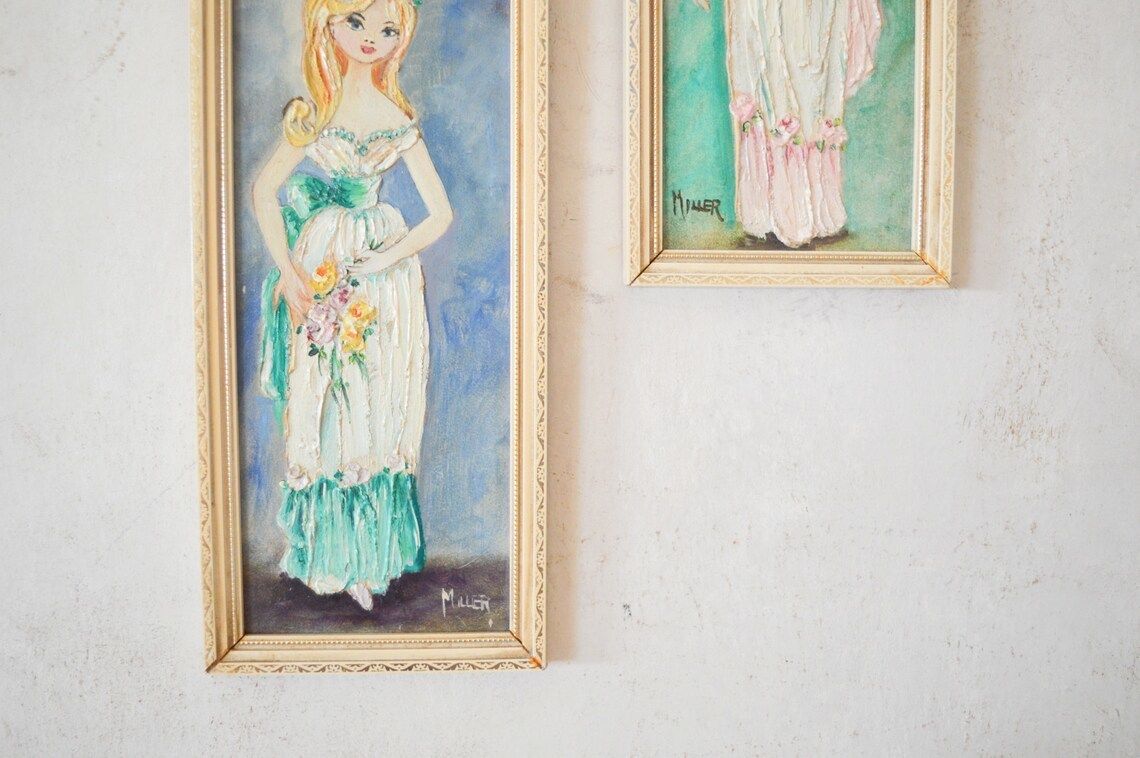 Pair Of Early 19th Century Oil Paintings, Framed Twin Ladies In Pink & Green Evening Dresses Holding Flower Bougets, Signed By Artist Miller photo Art