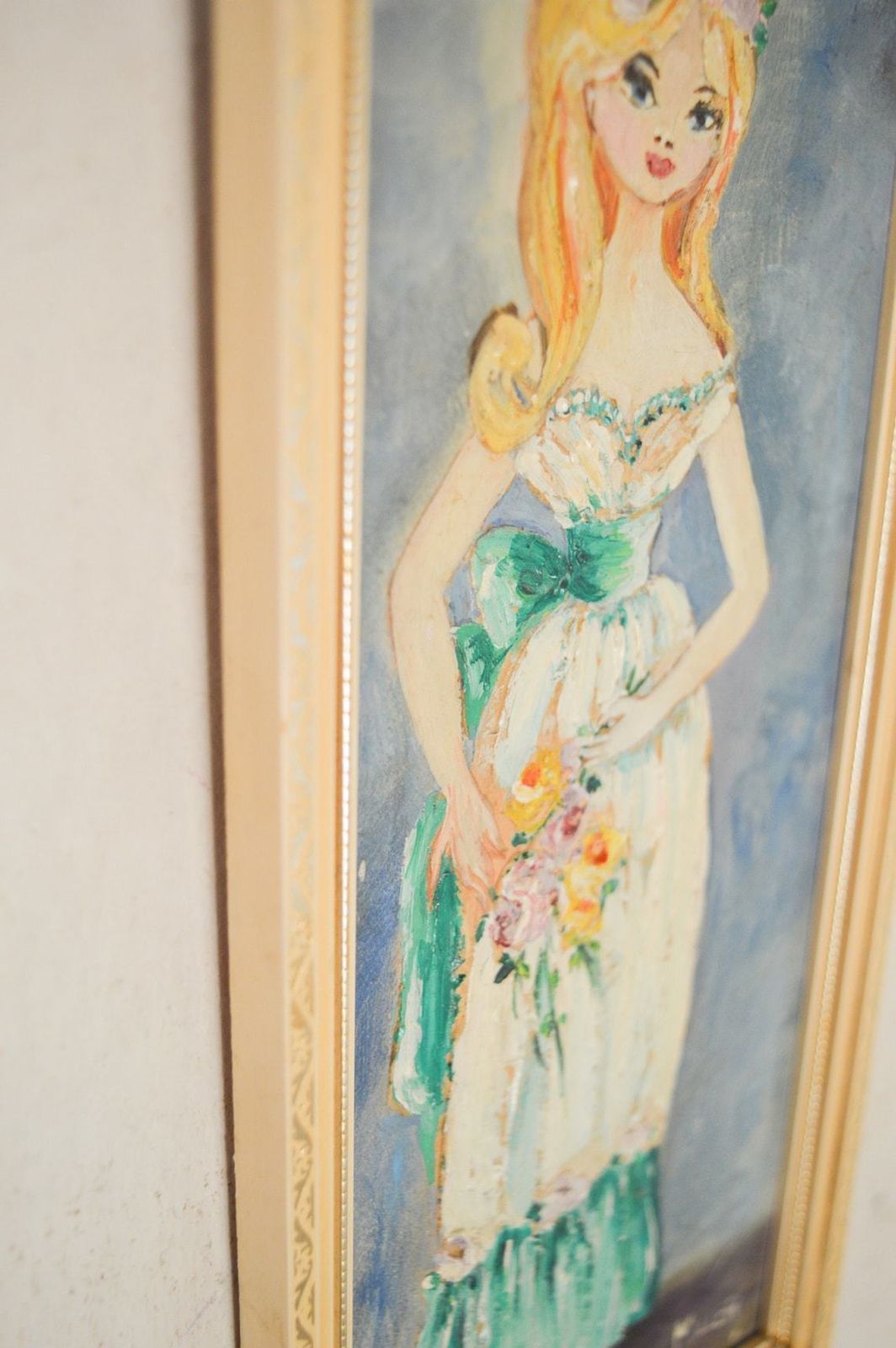 Pair Of Early 19th Century Oil Paintings, Framed Twin Ladies In Pink & Green Evening Dresses Holding Flower Bougets, Signed By Artist Miller photo 55.0