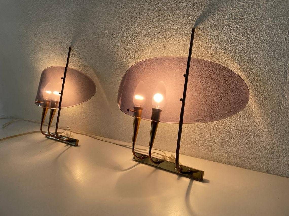 Italian Rare Purple Lucite And Brass Pair Of Sconces, 1950s, Italy photo furniture