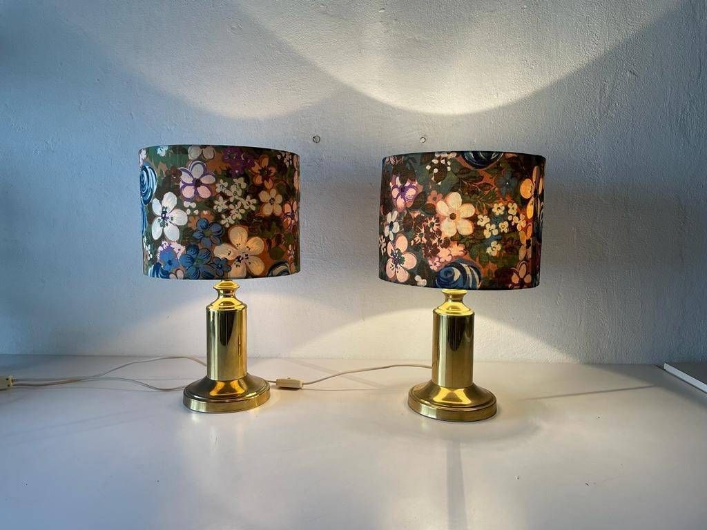 Beautiful Flower Illustrated Fabric Shade & Brass Pair Of Table Lamps, 1980s photo furniture