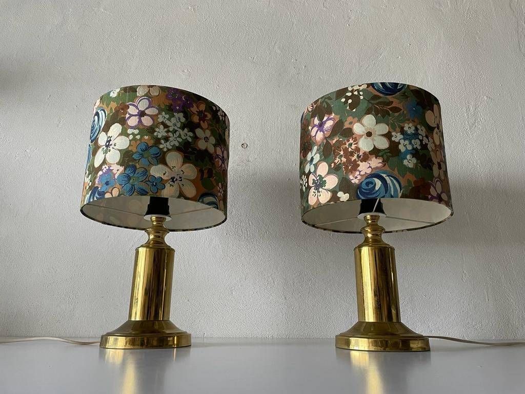 Beautiful Flower Illustrated Fabric Shade & Brass Pair Of Table Lamps, 1980s photo 1744.68