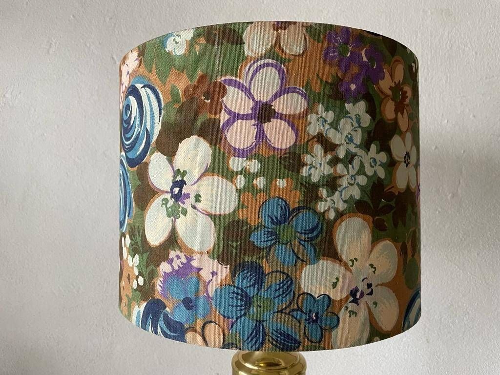 Beautiful Flower Illustrated Fabric Shade & Brass Pair Of Table Lamps, 1980s photo vinterior