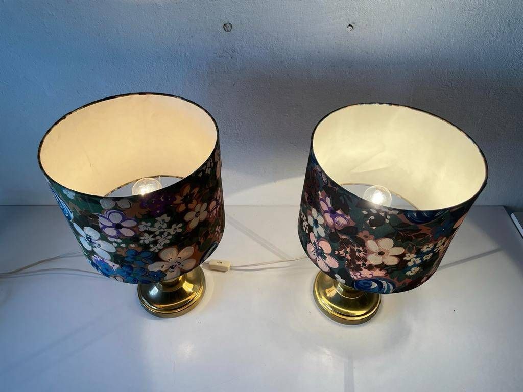 photo furniture Beautiful Flower Illustrated Fabric Shade & Brass Pair Of Table Lamps, 1980s