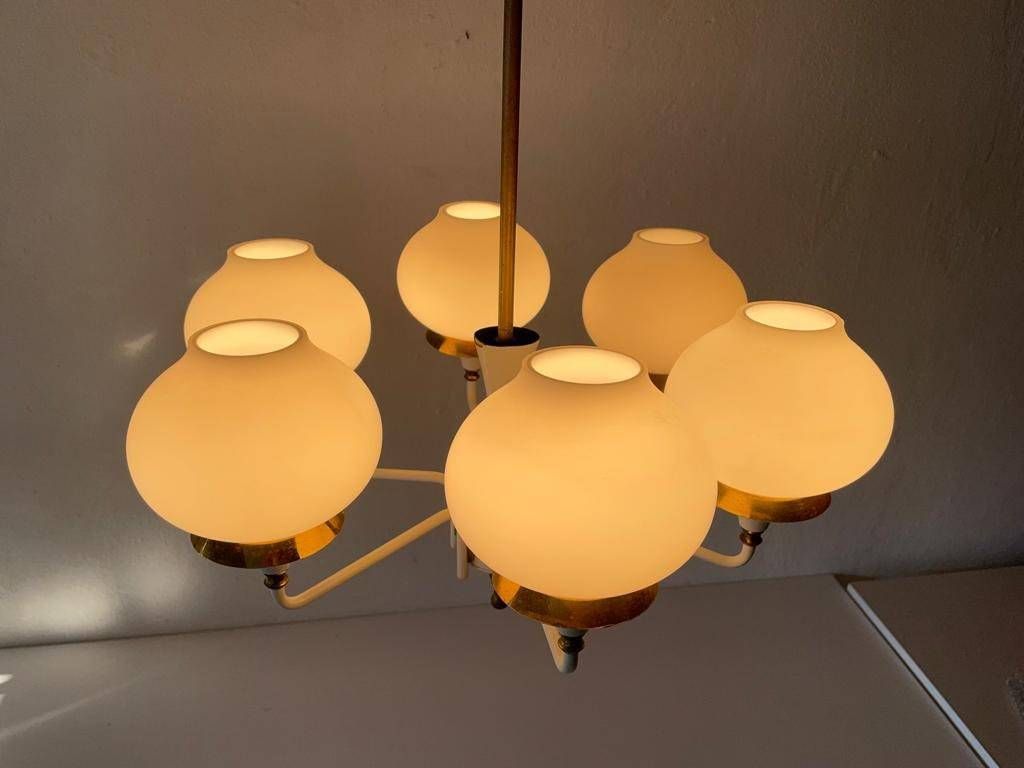 German Modern 6 Opal Glass And White Body Chandelier By Kaiser Leuchten, 1960s, Germany photo furniture
