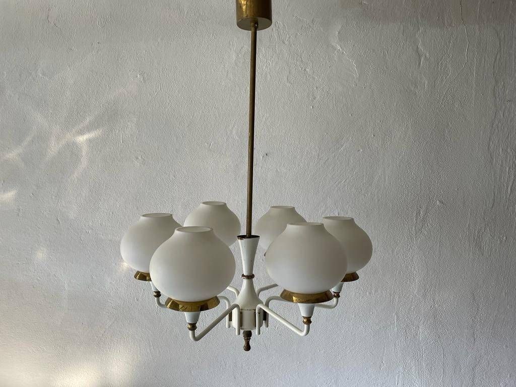 German Modern 6 Opal Glass And White Body Chandelier By Kaiser Leuchten, 1960s, Germany photo for sale