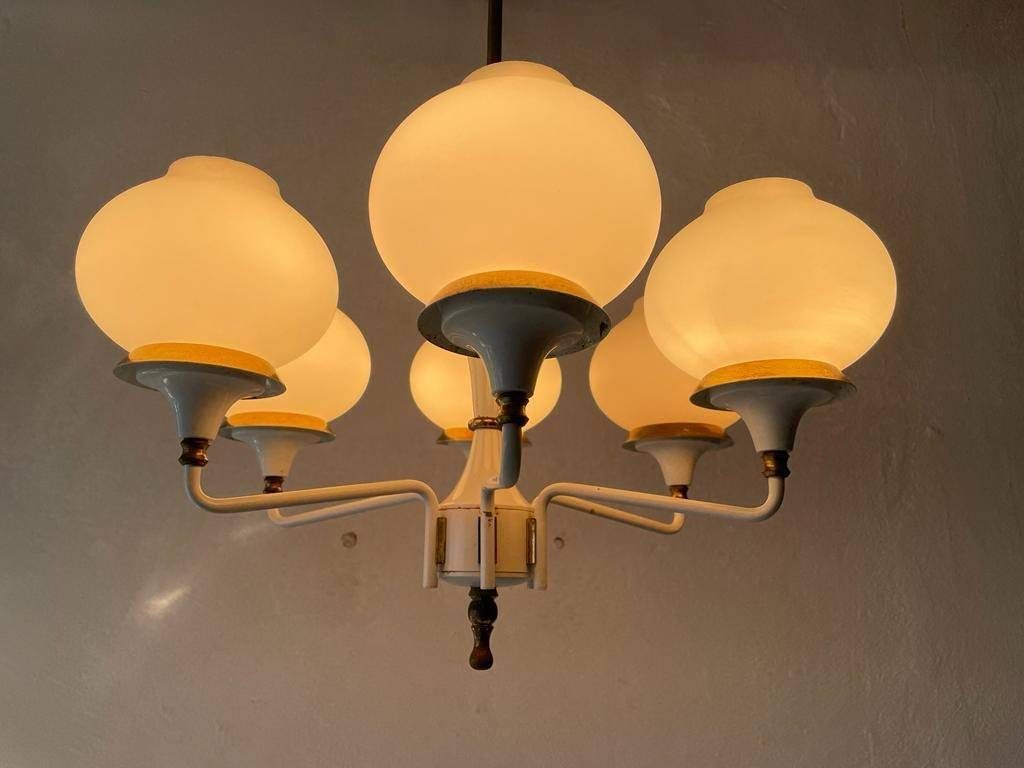 German Modern 6 Opal Glass And White Body Chandelier By Kaiser Leuchten, 1960s, Germany photo vinterior