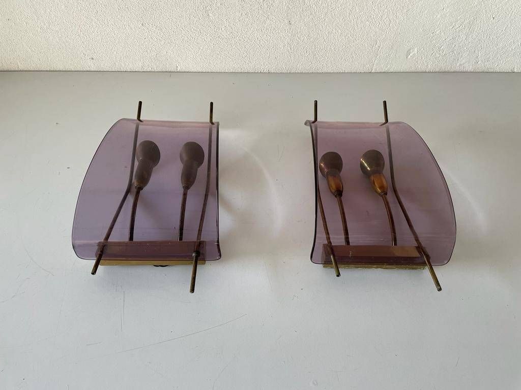 Italian Rare Purple Lucite And Brass Pair Of Sconces, 1950s, Italy photo for sale