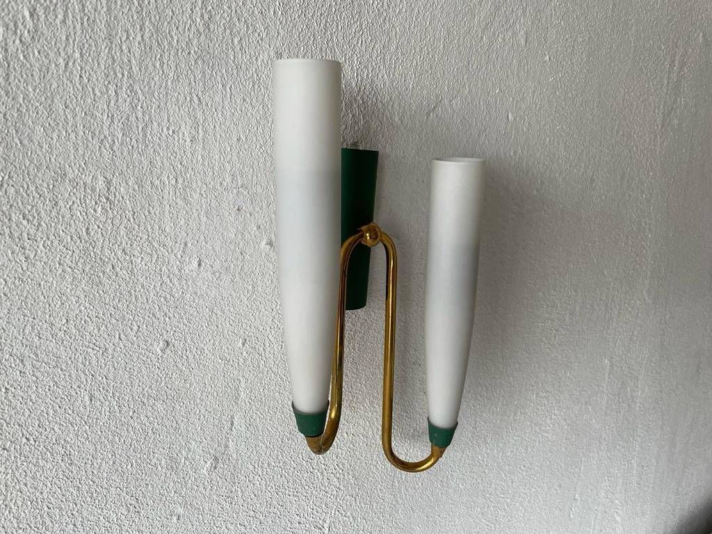 Mid Century Double Long Opal Glass & Green Metal Single Sconce, 1960s, Italy photo for sale