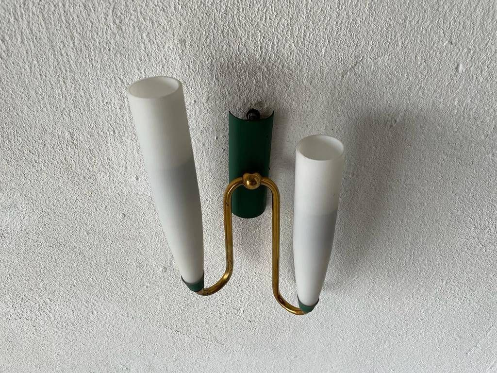Mid Century Double Long Opal Glass & Green Metal Single Sconce, 1960s, Italy photo Lighting