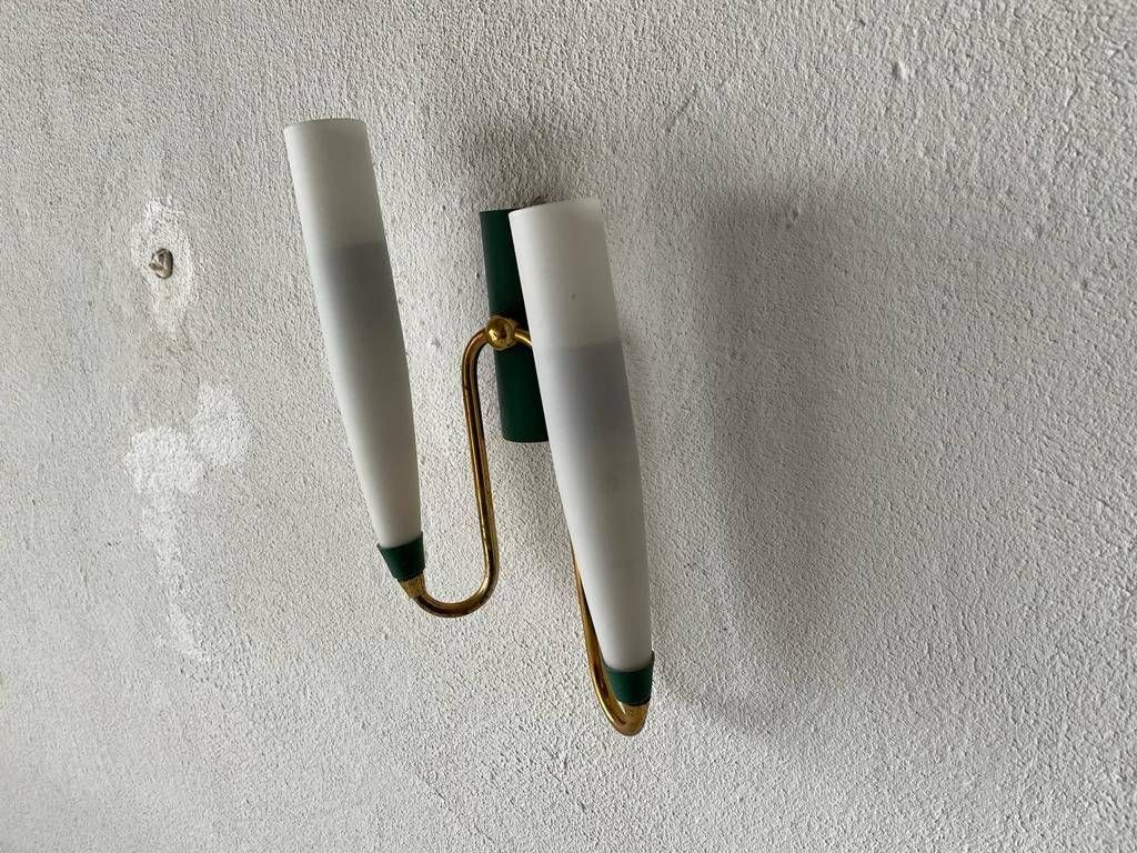 Mid Century Double Long Opal Glass & Green Metal Single Sconce, 1960s, Italy photo 784.92