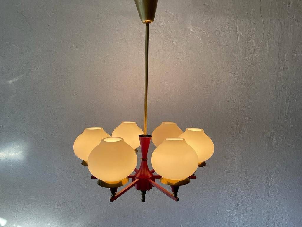 German Modern 6 Opal Glass And Bordeaux Body Chandelier By Kaiser Leuchten, 1960s, Germany photo buy
