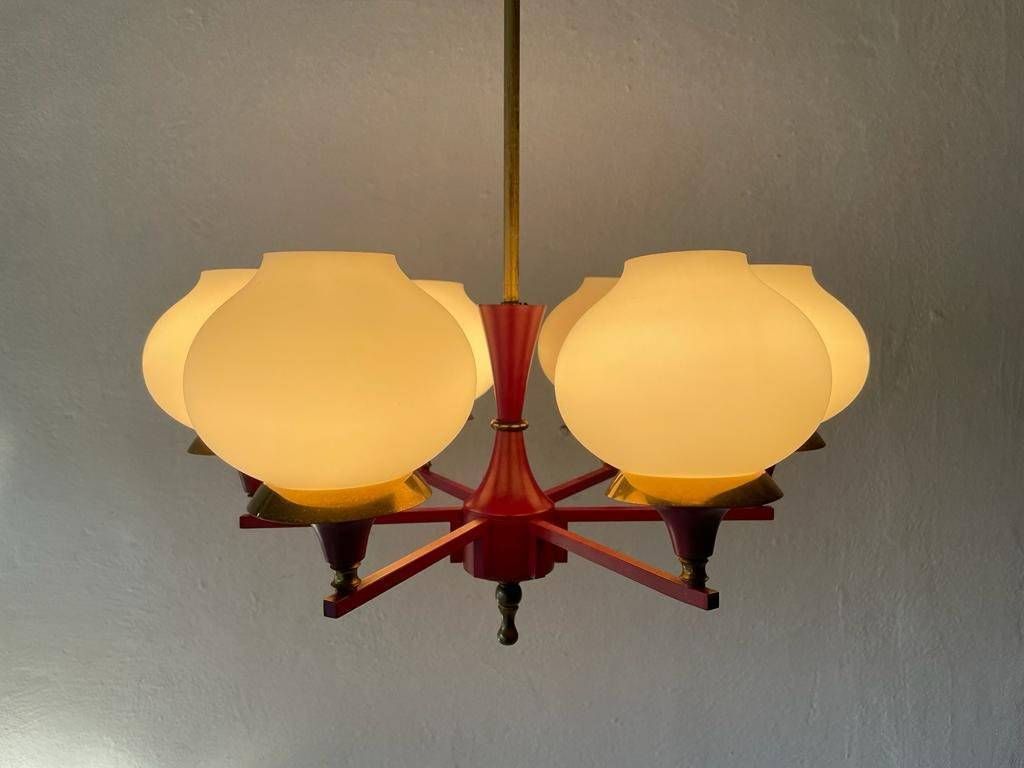 German Modern 6 Opal Glass And Bordeaux Body Chandelier By Kaiser Leuchten, 1960s, Germany photo vintage