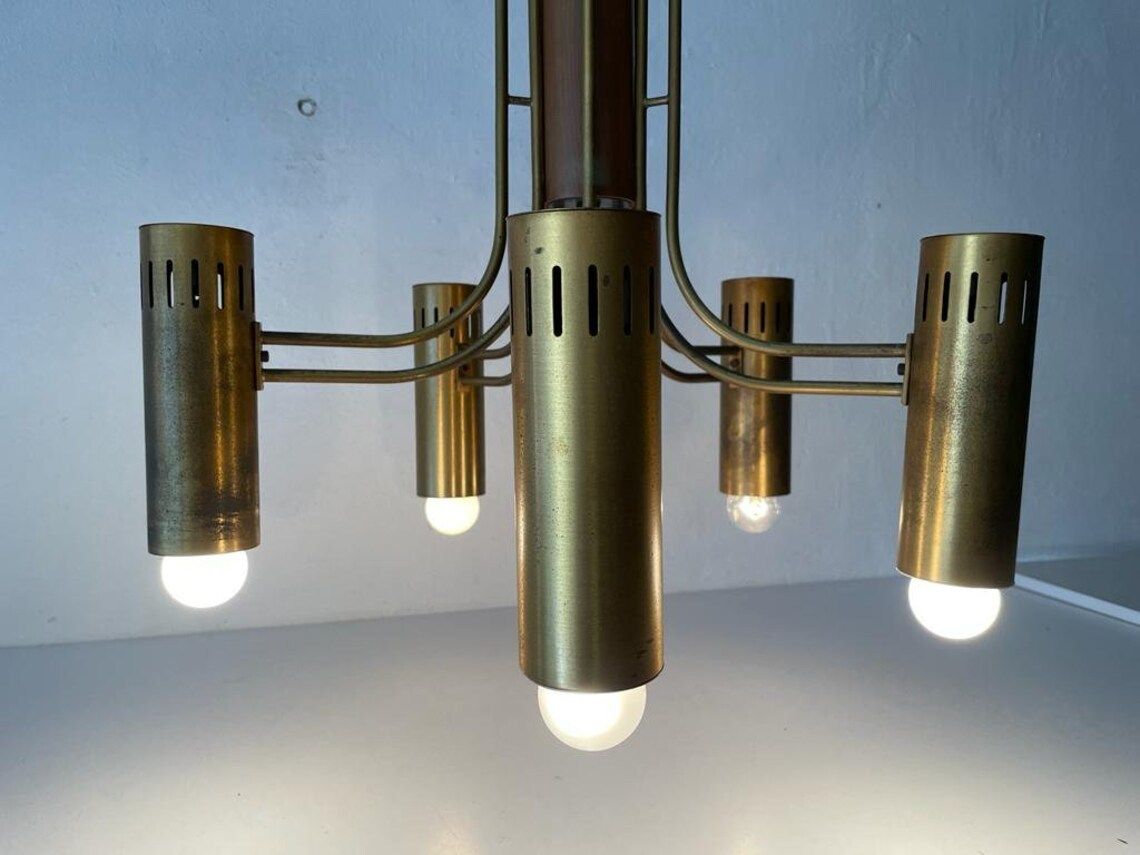 Exclusive 5 Armed Brass And Wood Flush Mount Chandelier Angelo Brotto For Esperia 1970s Italy photo furniture