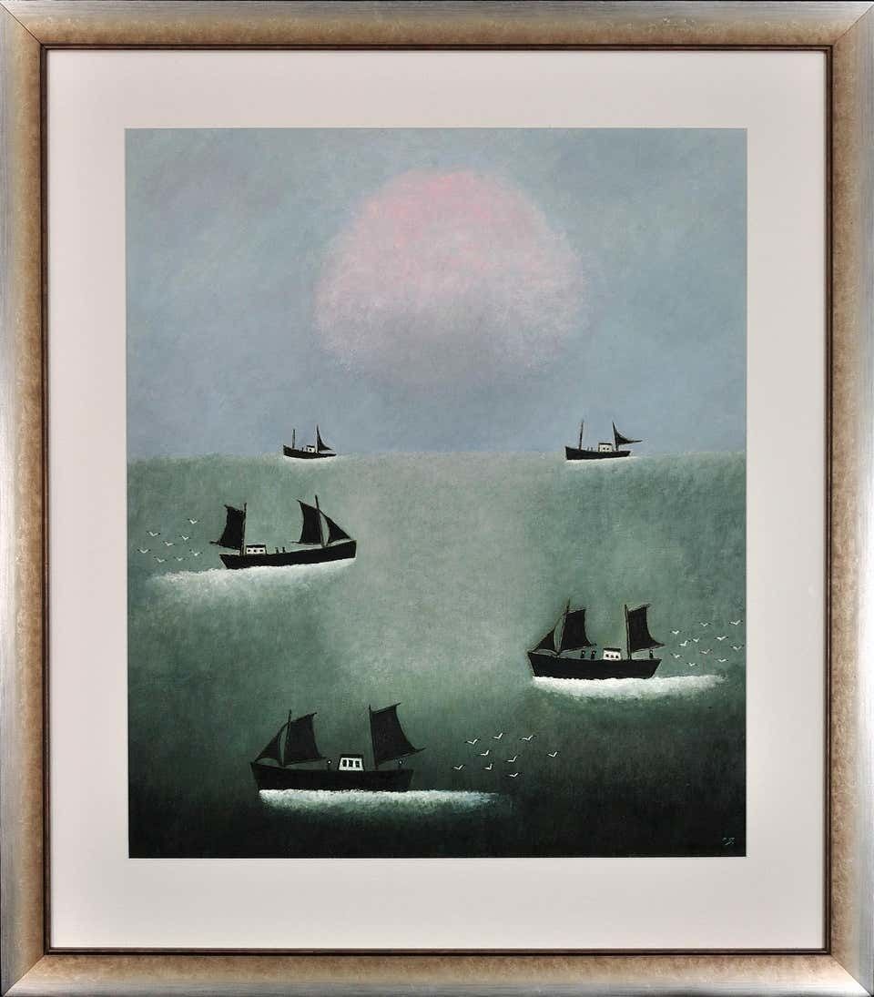 Joan Gillchrest 1918 To 2008. Cornish Fishing Boats At First Light. Framed Oil Painting. Cornwall Coastal Seascape. Nautical Scene.
