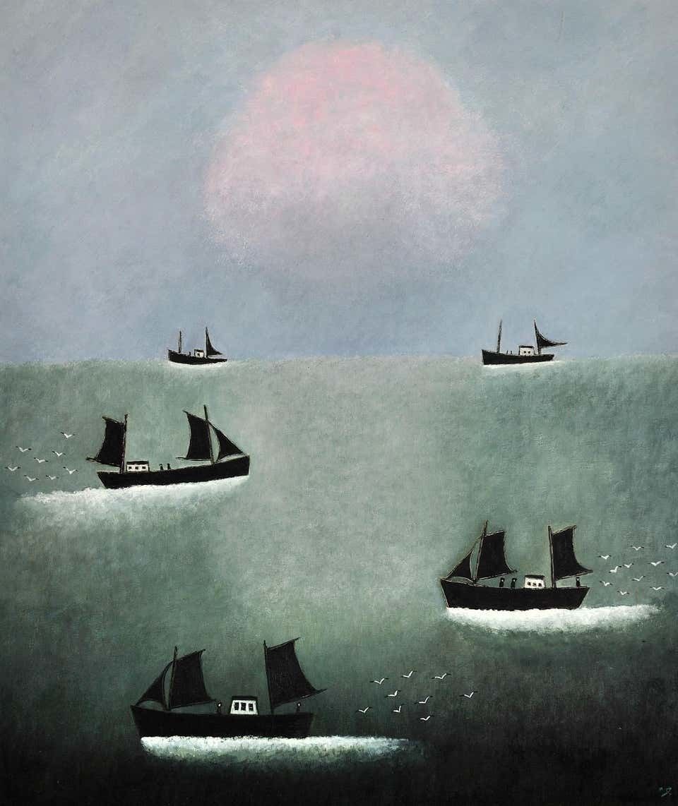 Joan Gillchrest 1918 To 2008. Cornish Fishing Boats At First Light. Framed Oil Painting. Cornwall Coastal Seascape. Nautical Scene. photo furniture