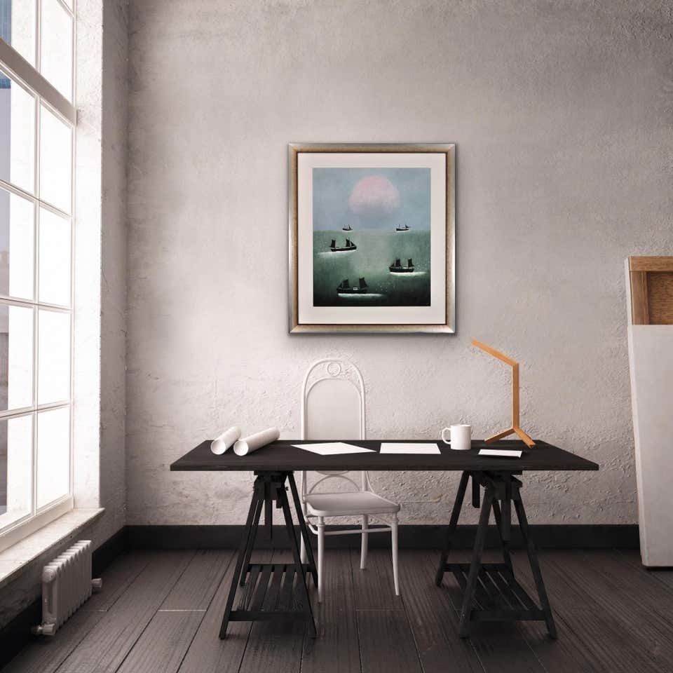 Art Joan Gillchrest 1918 To 2008. Cornish Fishing Boats At First Light. Framed Oil Painting. Cornwall Coastal Seascape. Nautical Scene. photo