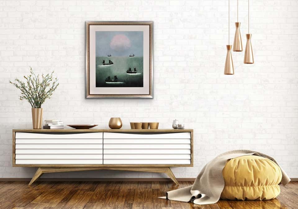 16995.0 Joan Gillchrest 1918 To 2008. Cornish Fishing Boats At First Light. Framed Oil Painting. Cornwall Coastal Seascape. Nautical Scene. photo