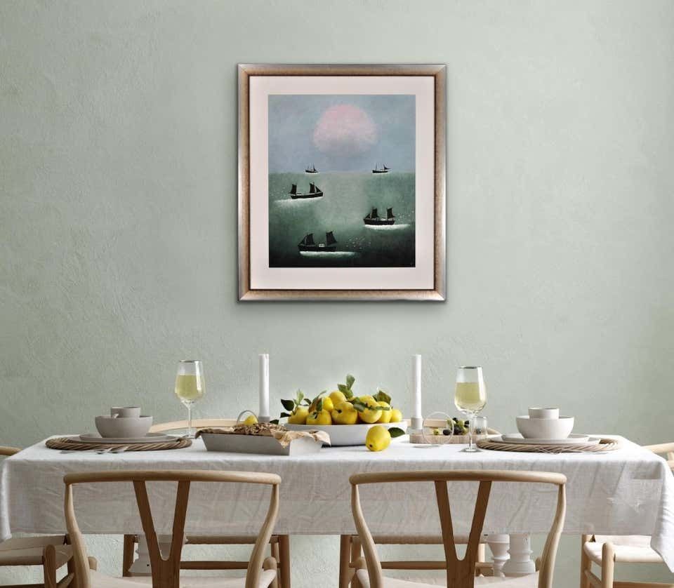 photo vintage Joan Gillchrest 1918 To 2008. Cornish Fishing Boats At First Light. Framed Oil Painting. Cornwall Coastal Seascape. Nautical Scene.