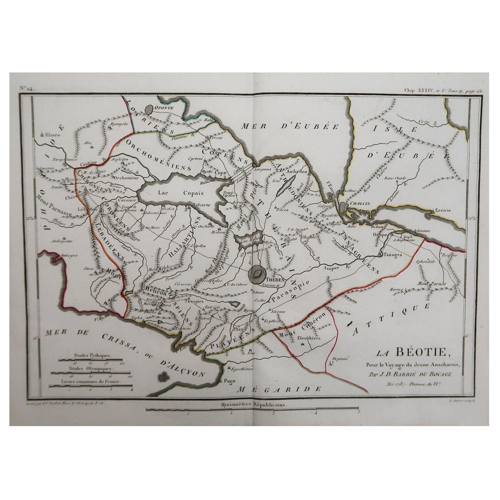 Original Antique Map Of Ancient Greece  Boeotia, Thebes, 1787