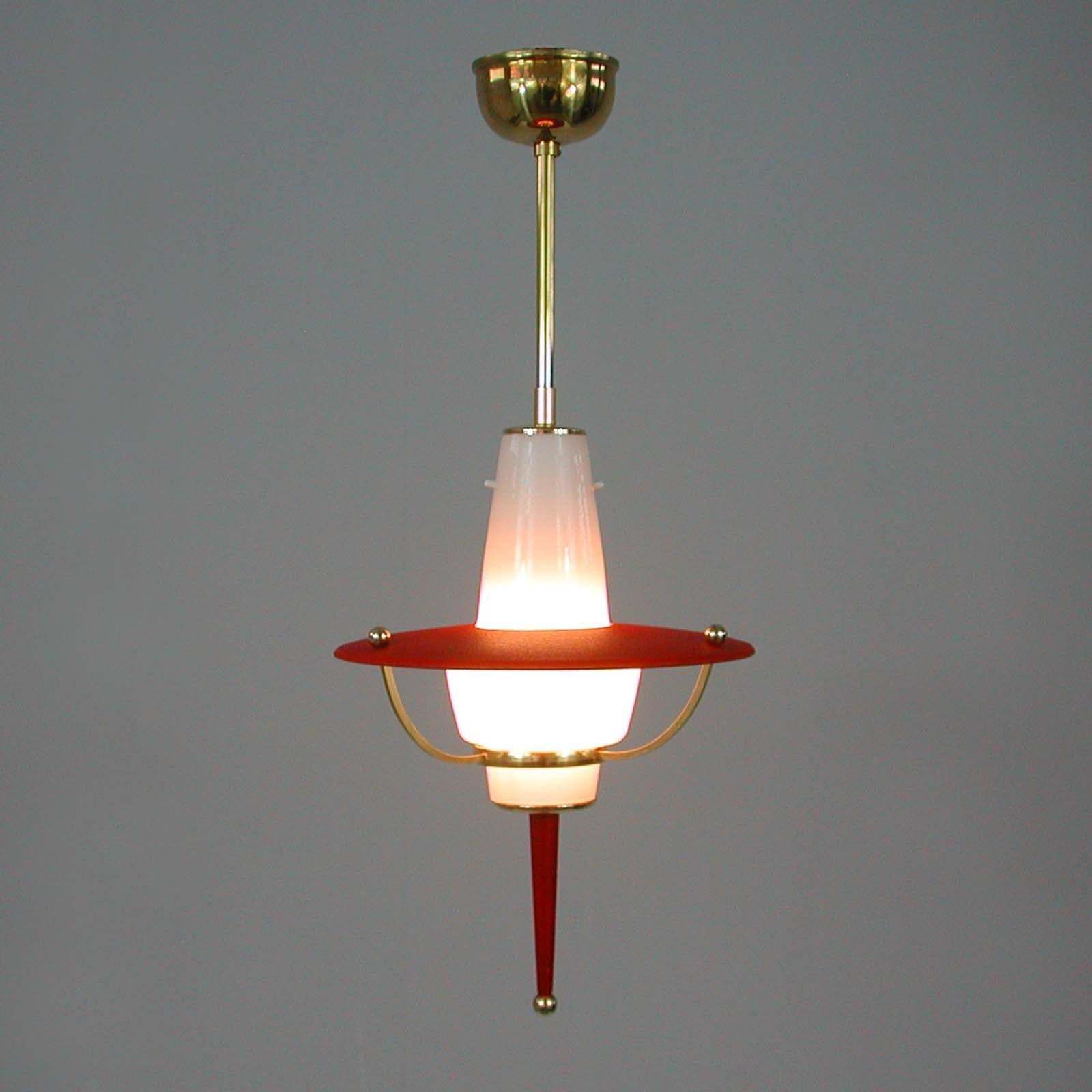 Modernist 1950s Italian Red Lantern, Milk Glass & Brass photo for sale